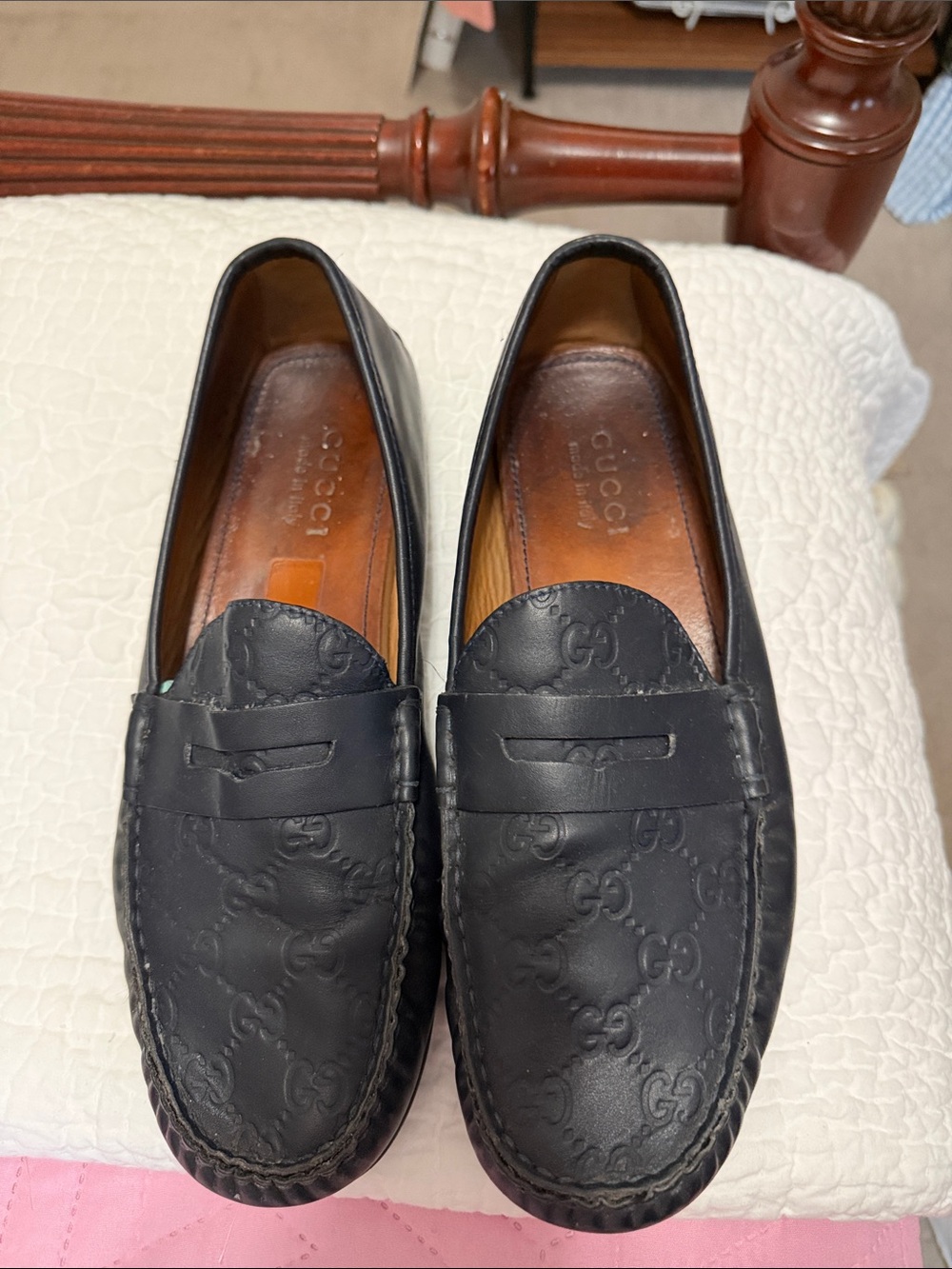 Gucci Black/ very dark navy Embossed GG Leather Penny Loafers